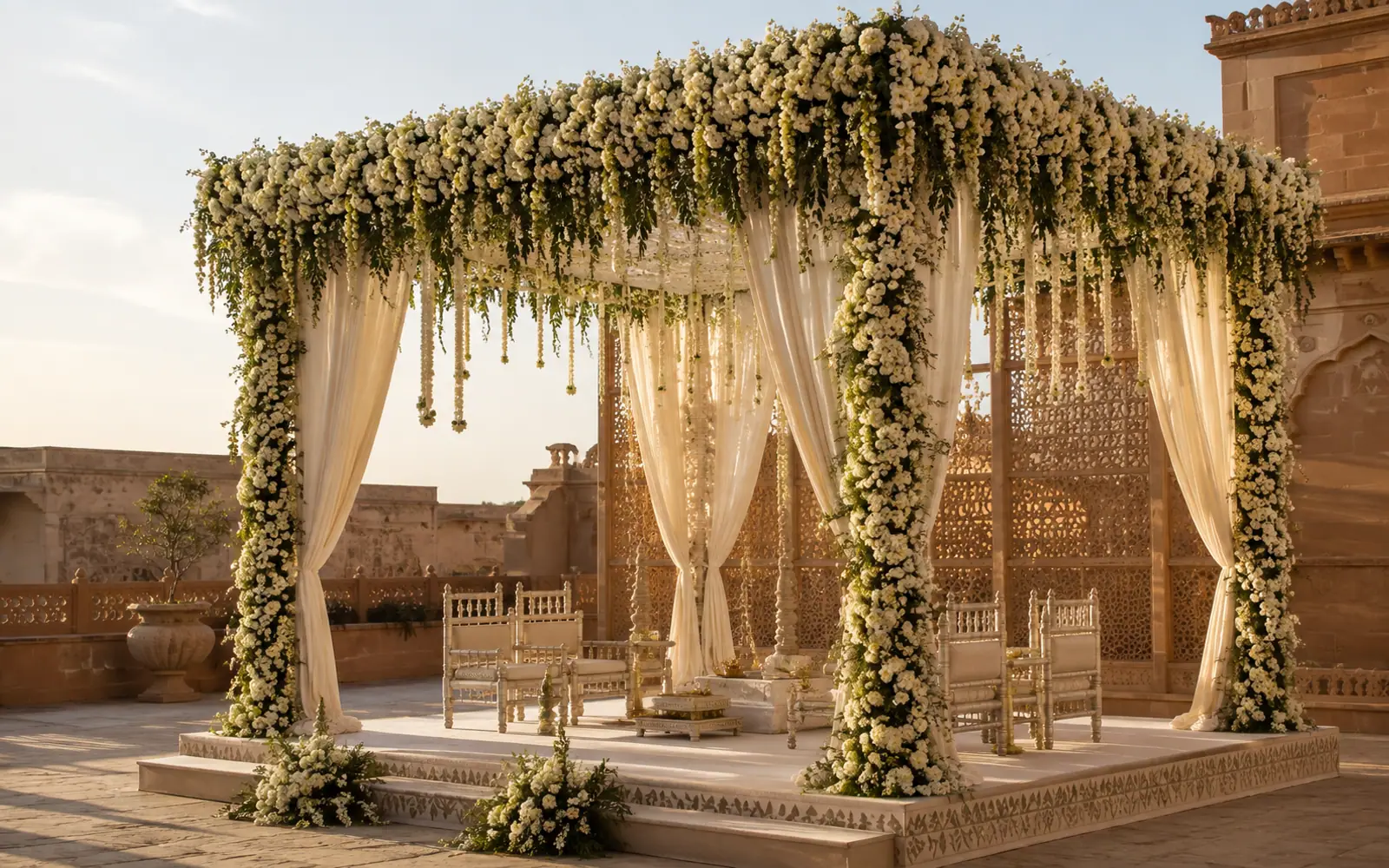 A finished wedding mandap in white tuberose and rajnigandha on a sandstone haveli terrace in Jaipur, empty in late-afternoon light.