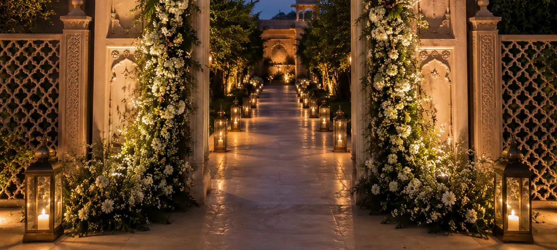 A sandstone path at blue hour, lined with brass lanterns and low white flower arrangements, receding into lit trees.